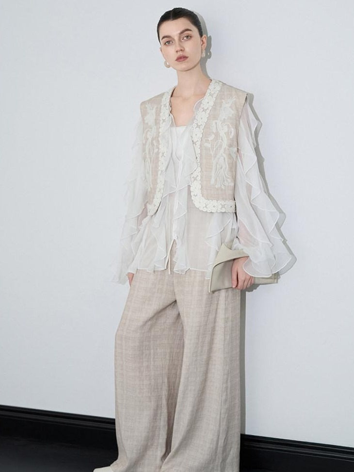 audreyyang Linen Blend V-neck Vest Trousers Solid Minimal Original Design Top & Pants Sets