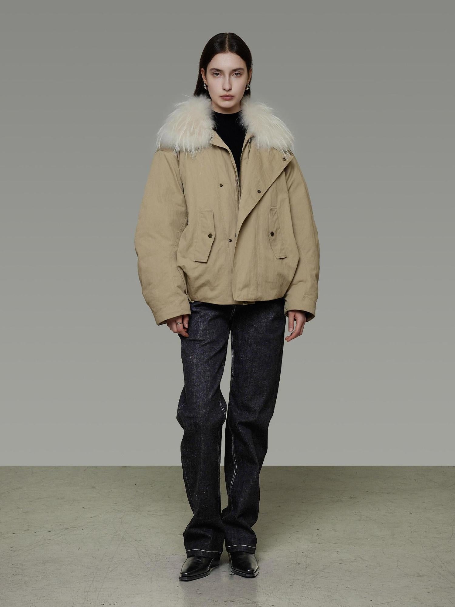 unspoken 90% White Duck Down Fur Collar Loose Commuter Khaki Zip Lapel Down Jackets