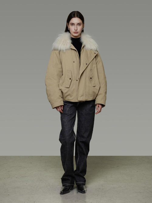 unspoken 90% White Duck Down Fur Collar Loose Commuter Khaki Zip Lapel Down Jackets