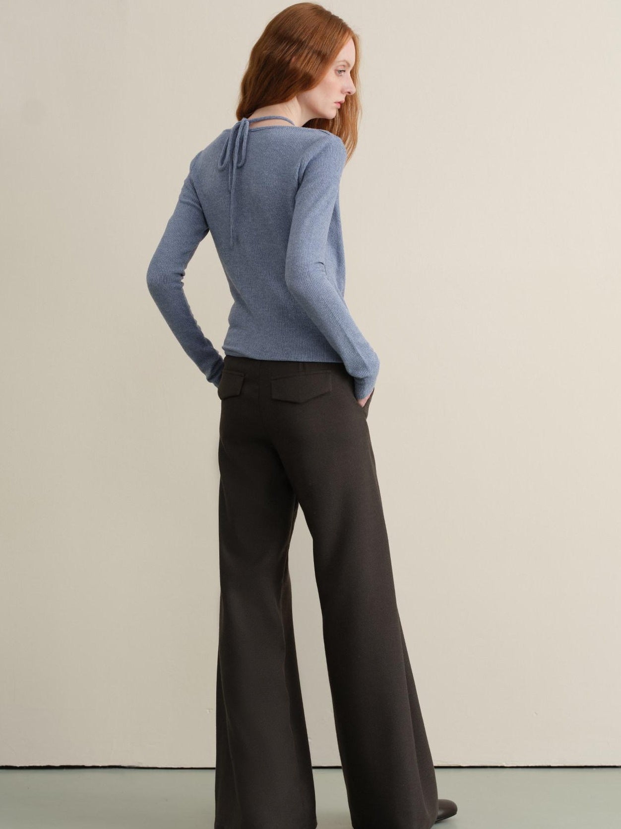 Stretch Knit Olive Gray Micro Flare Casual High Waist Women Flared Pants