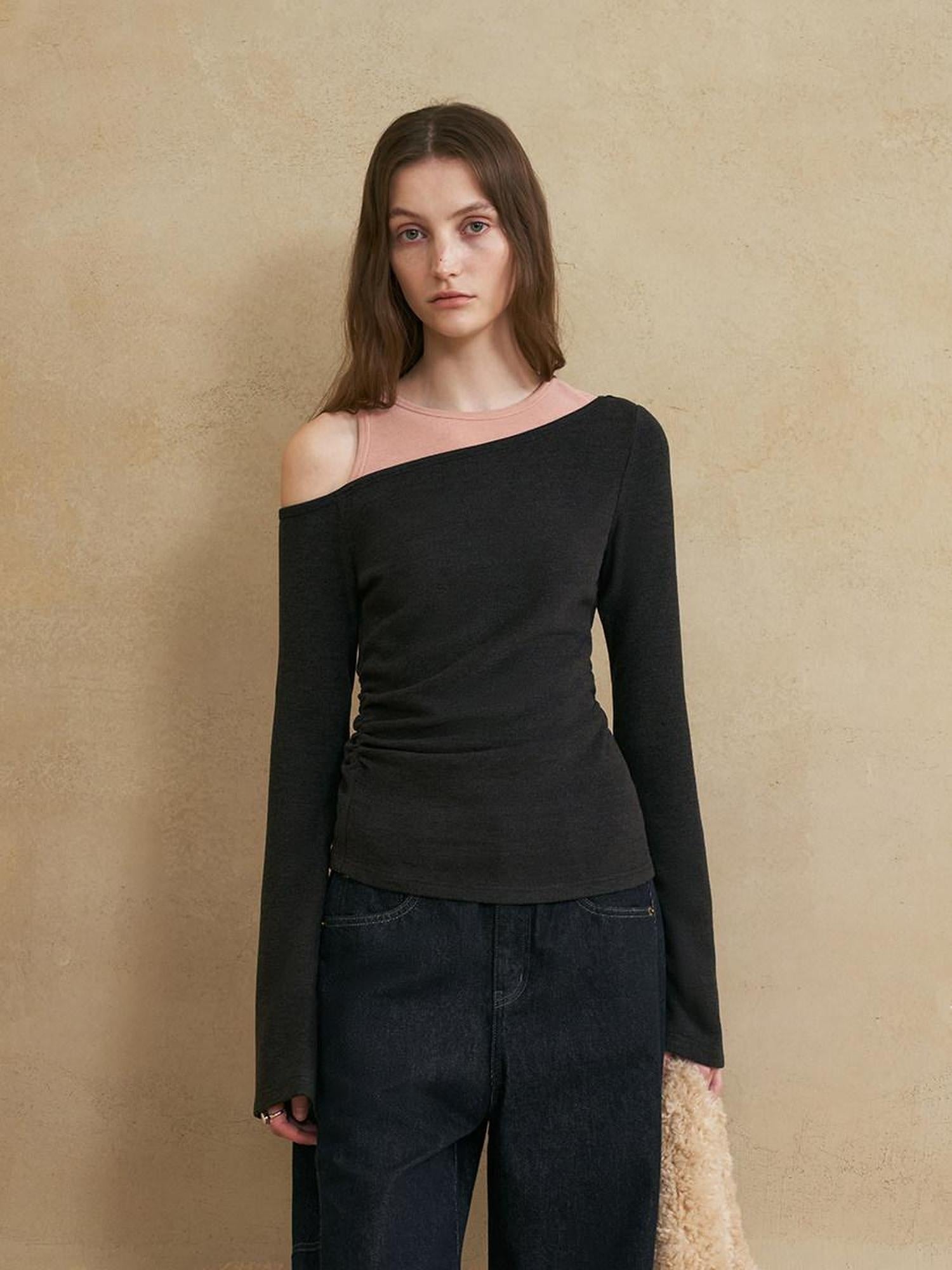 someonesometimes Colorblock Charcoal Pink Asymmetrical Knit Loose Viscose Off Shoulder Crop Tops