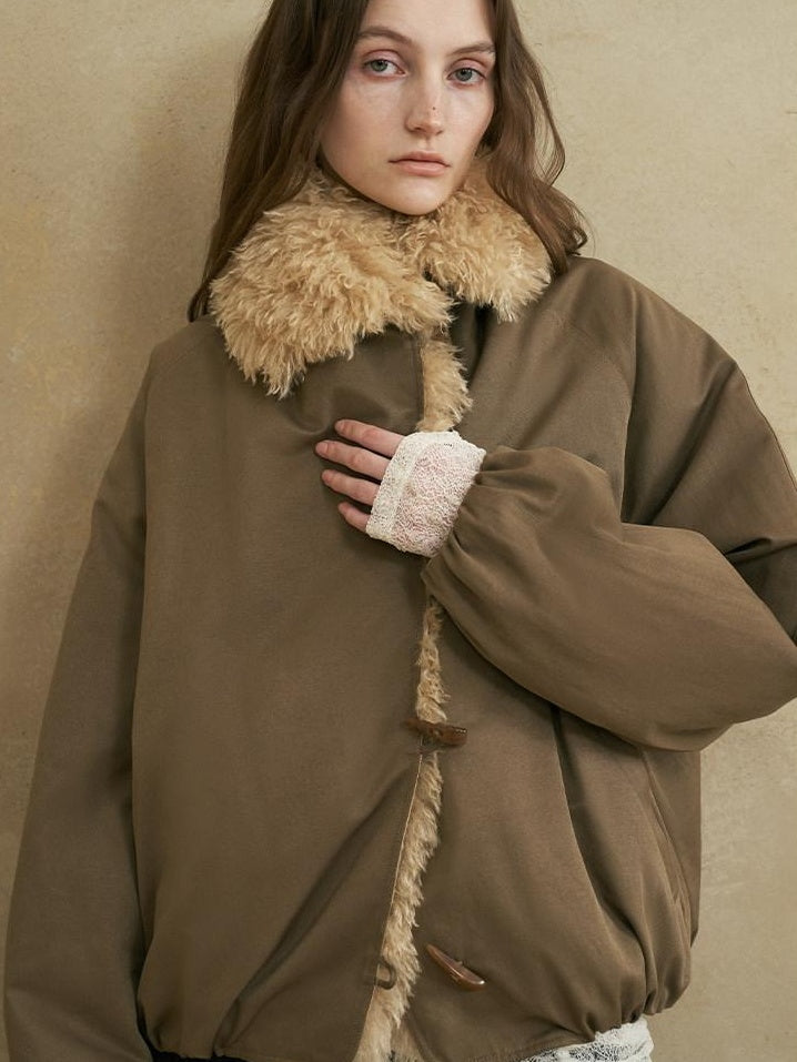 someonesometimes Cozy Commuter Cotton Blend Relaxed Short Collar Gray Brown Olive Puffer Jackets