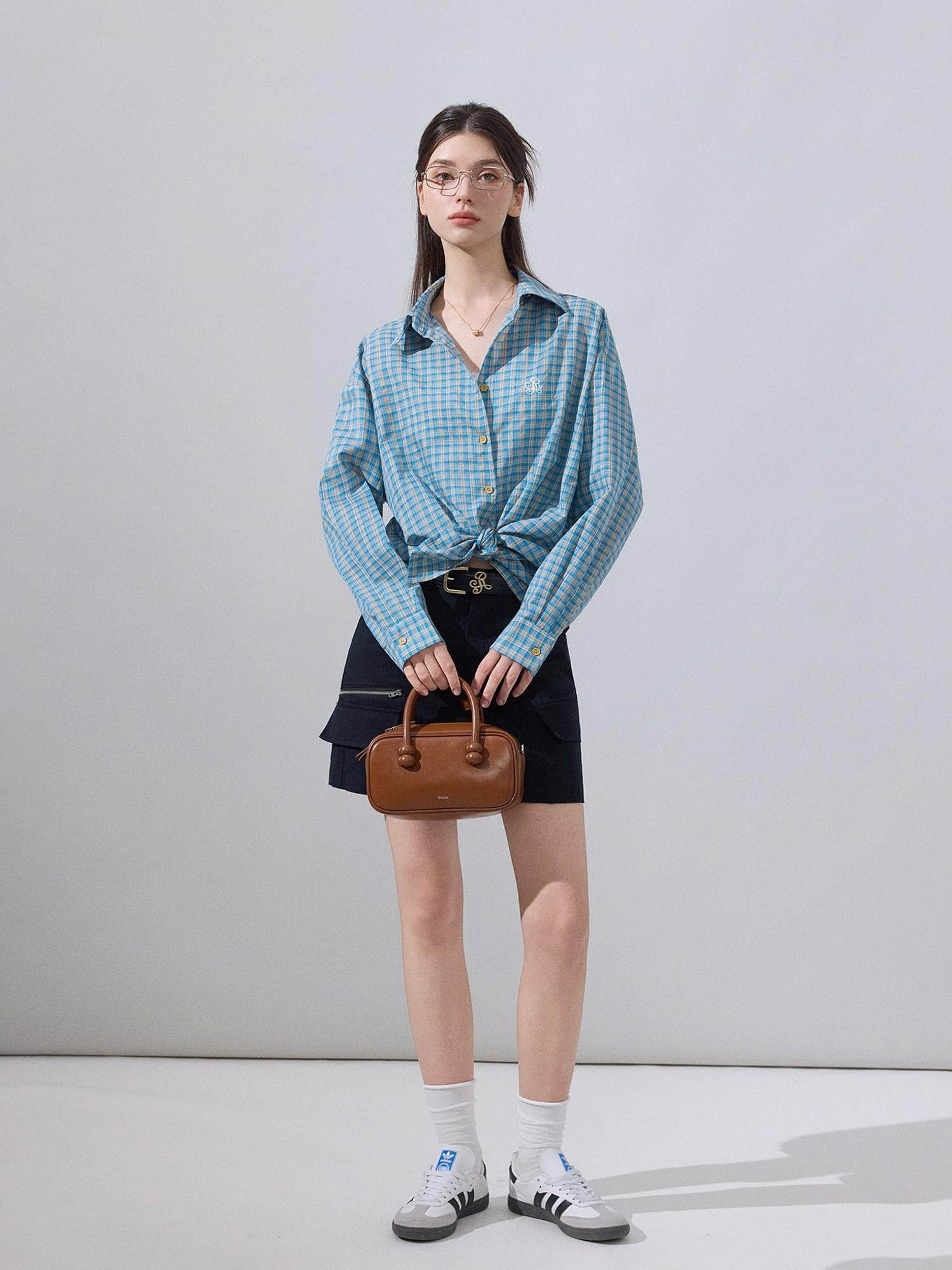 ikyou Embroidered Plaid Breathable Loose Collared Cardigan Button Front Women Shirts