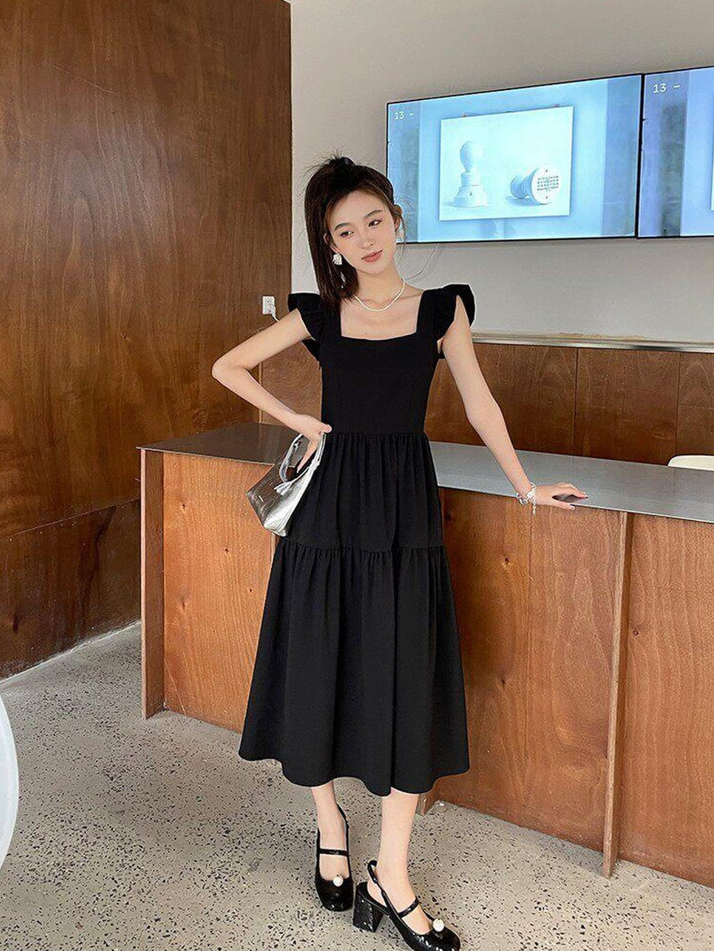 fano High Waist Ruffle A Line Square Neck Office Casual Maxi Dresses