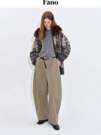 fano Breathable Cotton Khaki Natural Waist Casual Zipper Fly Women Wide Leg Pants