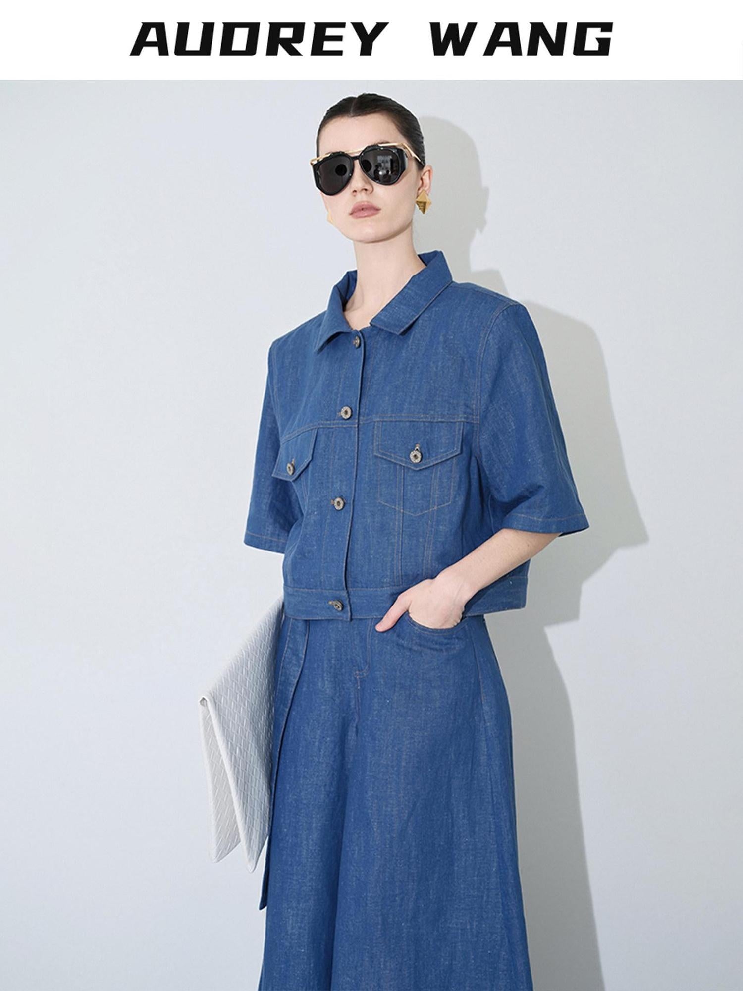 audreyyang Linen Blend Collared Short Sleeve Button Casual Denim Blue Top & Skirt Sets