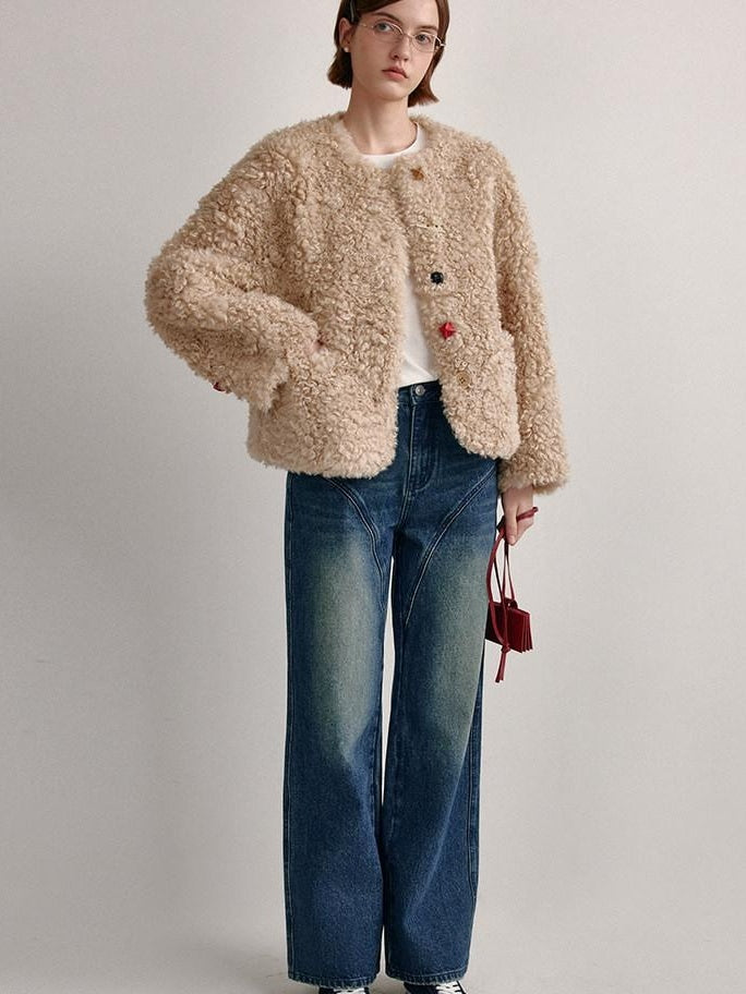 fano Faux Fur Straight Cut Minimal Workwear Women Gray Khaki Short Coat