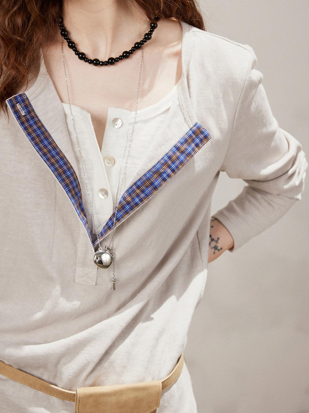Lofi choose Cotton Blend Button Collar Loose Commuter Womens Purple Long Sleeve T-Shirts