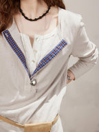 Lofi choose Cotton Blend Button Collar Loose Commuter Womens Purple Long Sleeve T-Shirts