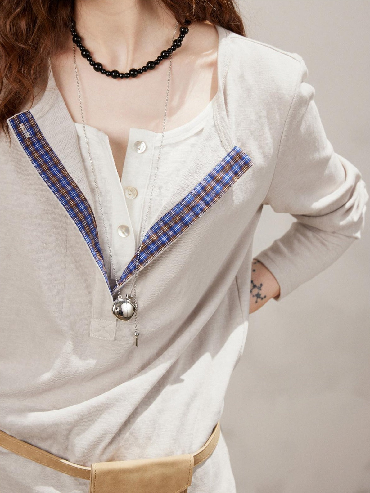 Lofi choose Cotton Blend Button Collar Loose Commuter Womens Purple Long Sleeve T-Shirts