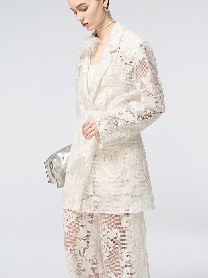 audreyyang Cotton Hollowout Loose Notched Lapel Workwear Women White Suit Top & Pants Sets