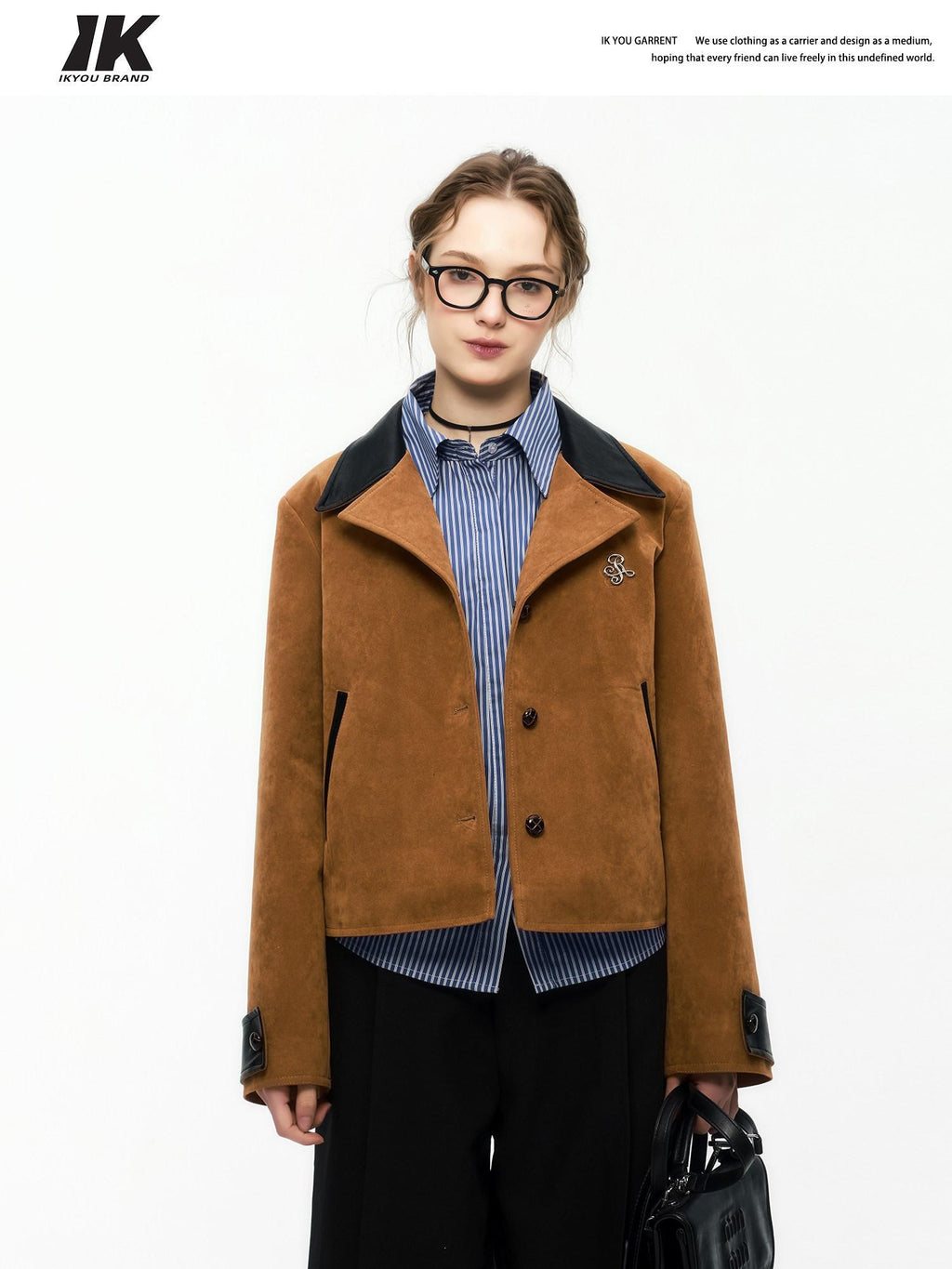 ikyou Non Iron 3D Embellished Straight Fit Commuter Notch Lapel Brown Cropped Jackets
