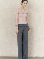 someonesometimes Lace Tie Slim Fit Short Solid Mauve Cream Daily Chic Off Shoulder Crop Tops