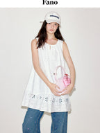 fano 100 Percent Cotton Embroidery A Line Loose Waist Sleeveless Office Midi Dresses