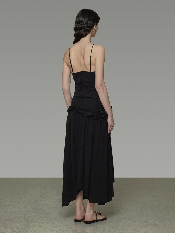 unspoken Ultra Soft Tencel A Line Cinched Waist Minimalist Commuter Black Maxi Dresses