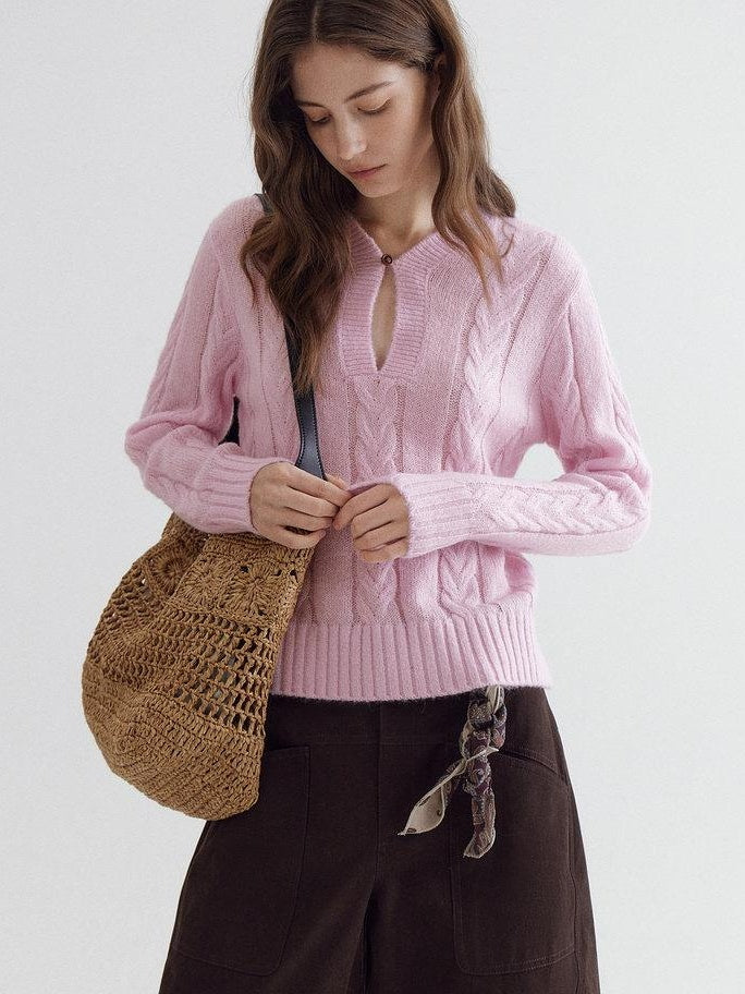 fano Warm V-neck Button Detail Minimal Commuter Fit Pink Women Acrylic Blend Sweaters