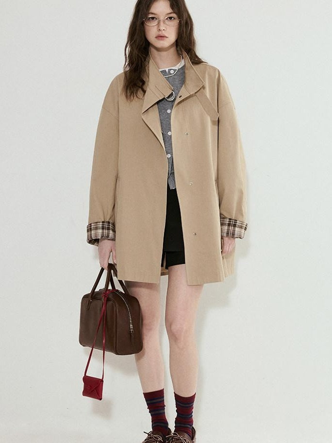 fano Khaki Loose Fit Single Breasted Mid Length Korean Casual Women Trench Coats