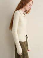 someonesometimes Soft Wool Cotton Blend Slim Fit Side Slit Cropped Button Crewneck Womens Cardigans