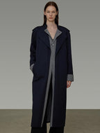 unspoken Minimal Navy Plaid Single Breasted Midlength Relaxed Women Trench Coats