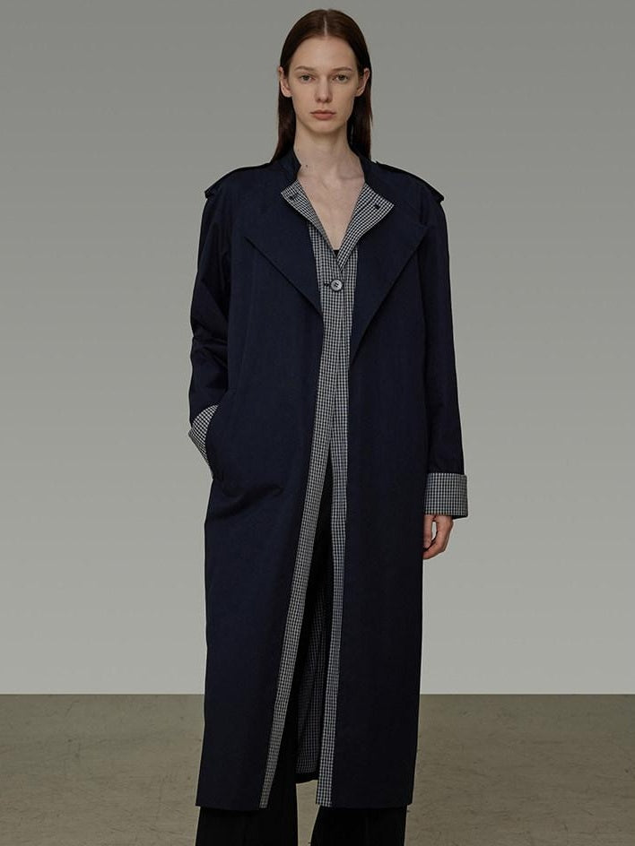 unspoken Minimal Navy Plaid Single Breasted Midlength Relaxed Women Trench Coats