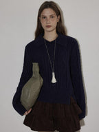 Lofi choose Cozy Pullover Relaxed Fit Commuter Office Knit Long Sleeve Beige Navy Sweaters