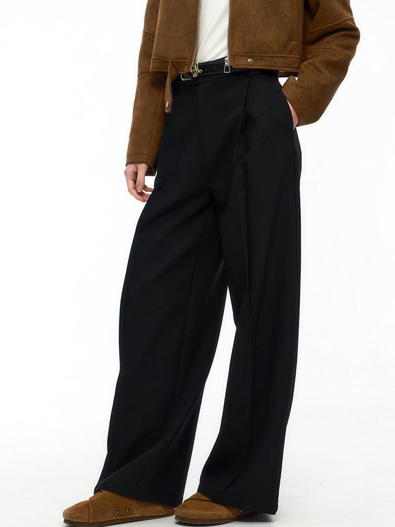 ikyou High Waist Straight Zipper Cotton Blend Commuter Black Wide Leg Pants