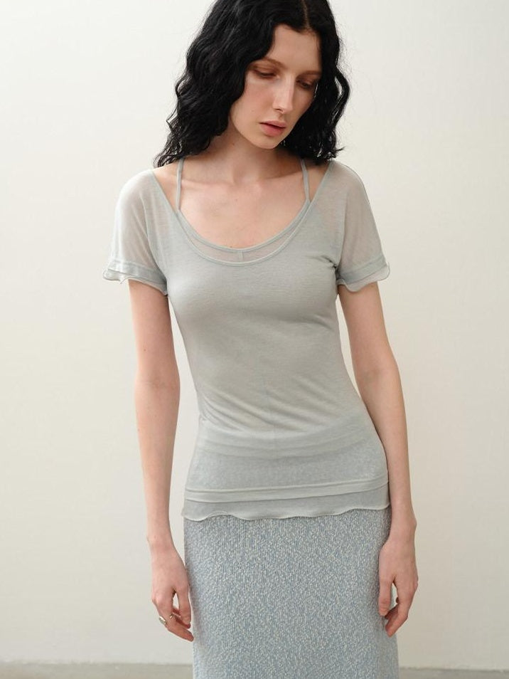 someonesometimes Soft Tencel Lyocell Blend U Neck Two Piece Casual Short Sleeve T-Shirts