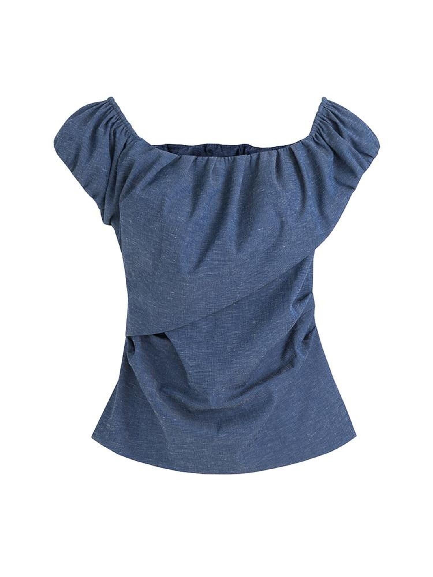 unspoken Wrinkle Resistant Minimalist Slim Asymmetrical Boat Neck Women Blue Blouses