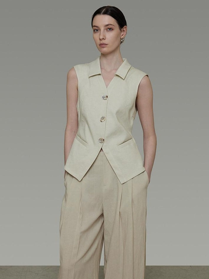 unspoken Breathable Polyester Linen Blend Loose Fit Button Front Office Women Vests