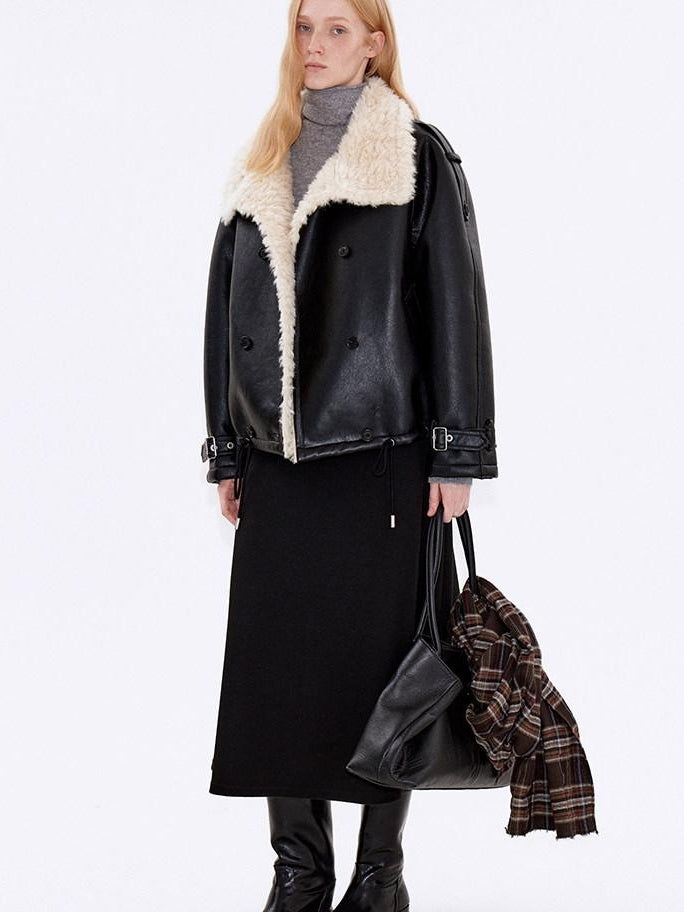 fano Warm Shearling High Collar Double Breasted Loose Fit Women Black Leather Jackets