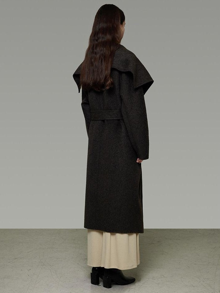 unspoken Pure Sheepswool Long Belted Lapel Loose Tailored Office Coffee Brown Wool Coats