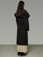 unspoken Pure Sheepswool Long Belted Lapel Loose Tailored Office Coffee Brown Wool Coats