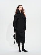 audreyyang Lined Fringed Front Slit Straight Midwaist Elastic Black Polyester Midi Skirts