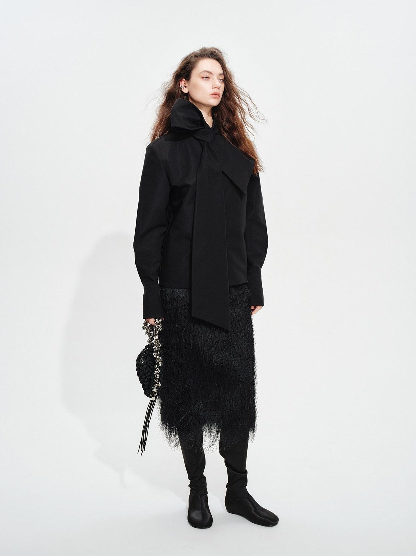audreyyang Lined Fringed Front Slit Straight Midwaist Elastic Black Polyester Midi Skirts