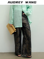 audreyyang Vintage Jacquard Botanical Floral Natural Waist Loose Fit Ladies Wide Leg Pants