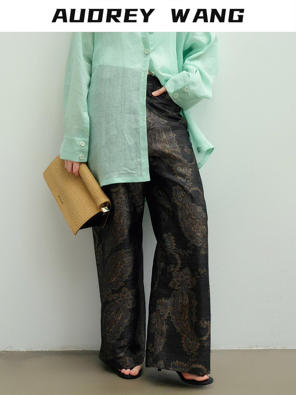 audreyyang Vintage Jacquard Botanical Floral Natural Waist Loose Fit Ladies Wide Leg Pants