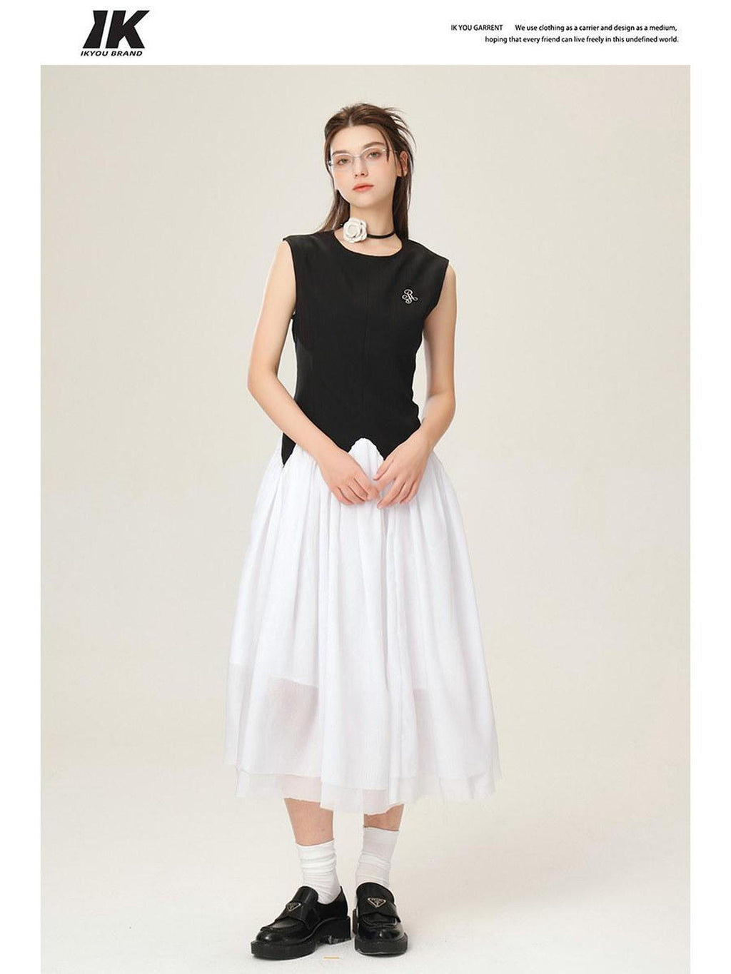 ikyou Office Minimal 3D Detail A Line Sleeveless Round Neck Black White Maxi Dresses
