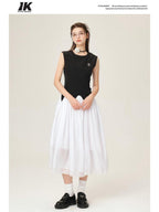 ikyou Office Minimal 3D Detail A Line Sleeveless Round Neck Black White Maxi Dresses