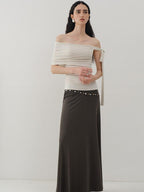 someonesometimes Slim Fit Knit Off Shoulder Casual Solid Apricot Gray Acrylic Stretch Women Top