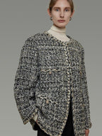 unspoken Warm Wool Blend Houndstooth Loose Fit Simple Commuter Black White Short Coat
