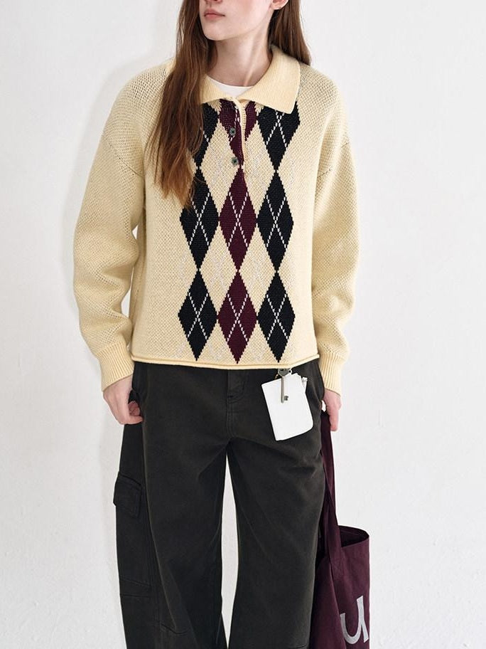 fano Cotton Cashmere Warm Vintage Loose Rolled Edge Pullover Casual Argyle Sweaters