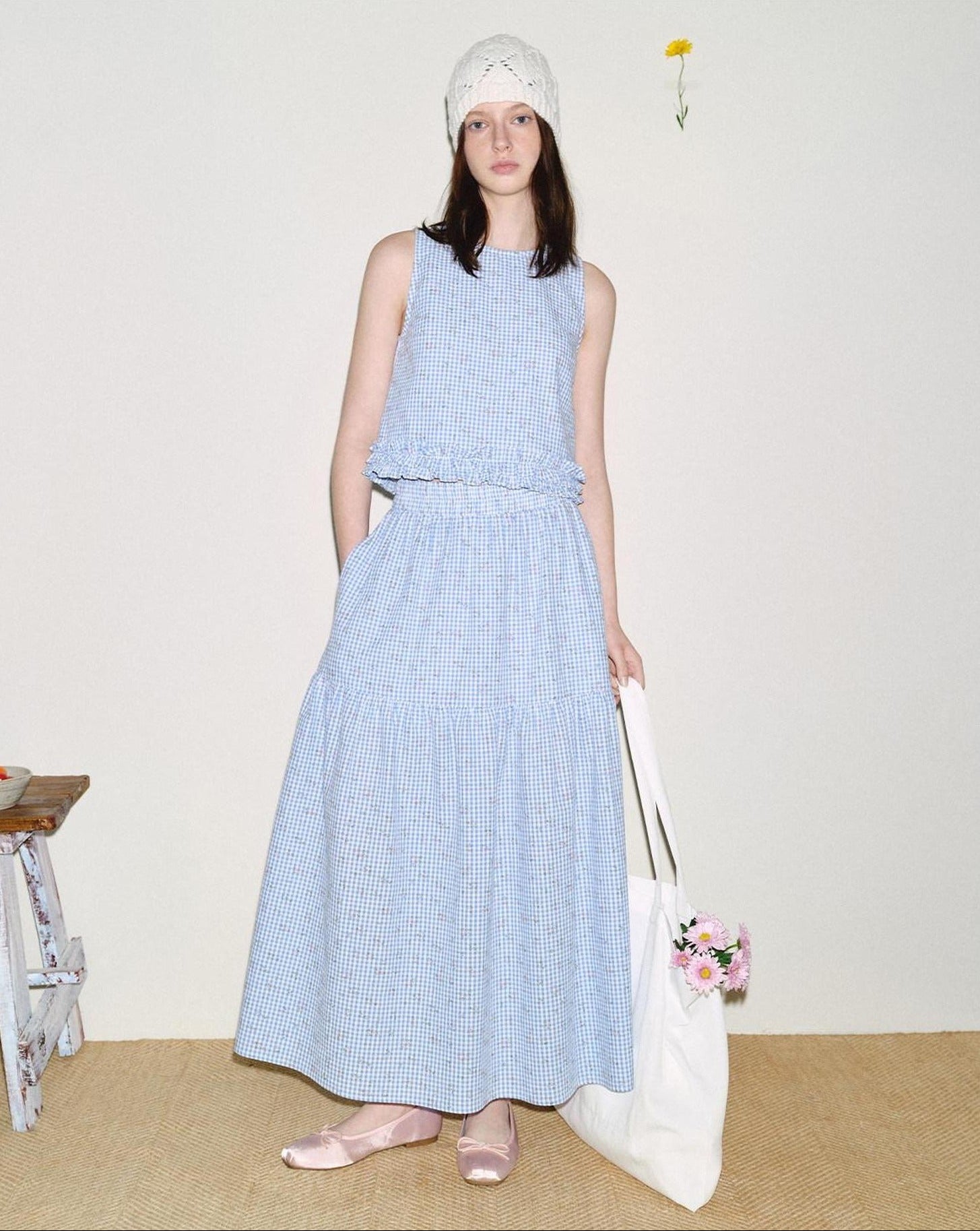 fano Lined 100% Cotton A Line Mid Waist Loose Fit Women Floral Blue Check Maxi Skirts