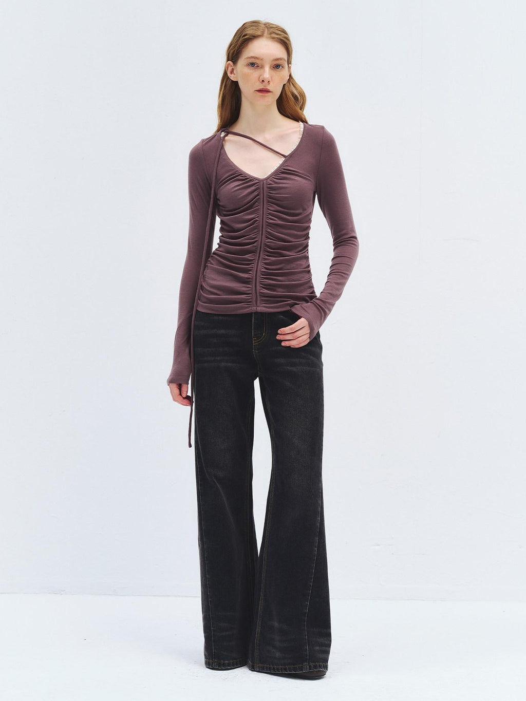 someonesometimes Lyocell Wool Slim Fit V-neck Knit Women Fig Purple Long Sleeve T-Shirts