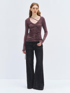 someonesometimes Lyocell Wool Slim Fit V-neck Knit Women Fig Purple Long Sleeve T-Shirts