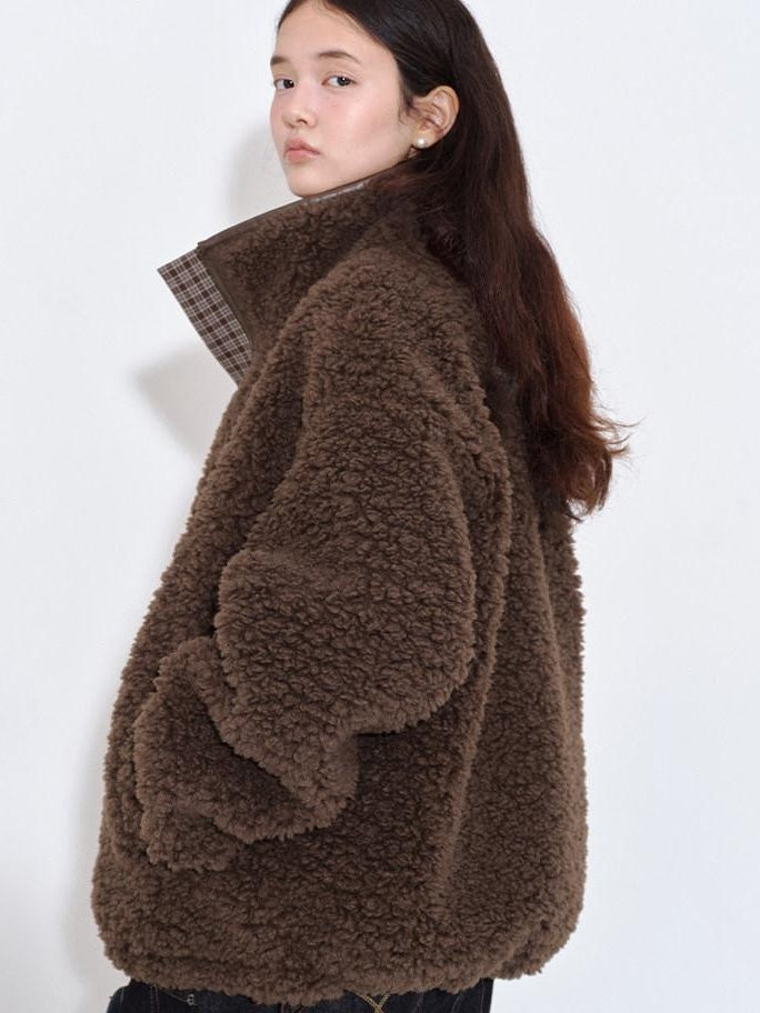 fano Warm Lambswool Plaid Stand Collar Zip Loose Fit Casual Women Brown Short Coat