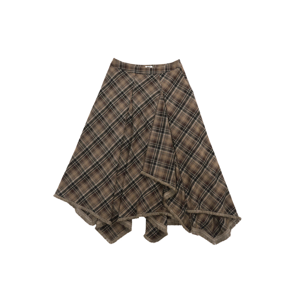 someonesometimes High Waist Vintage Irregular Hem Loose Fit Olive Check Casual Women Maxi Skirts