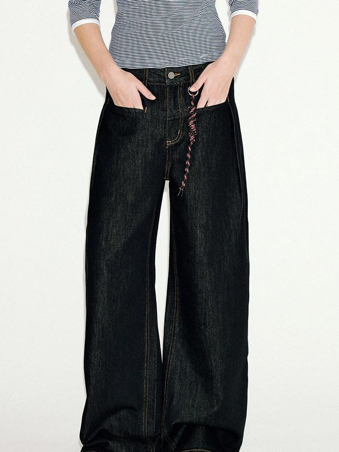 fano Comfortable Everyday Natural Waist Loose Fit Youth Black Straight Leg Jeans