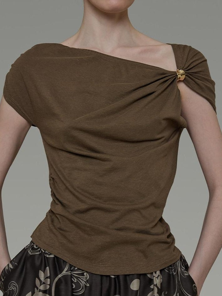 unspoken Eco Hemp Cotton 3D Detail Slim Fit Asymmetric Neck Brown Off Shoulder Crop Tops