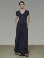 unspoken Lyocell Blend V-neck Slim Fit Minimal Workwear Women Solid Color Maxi Dresses