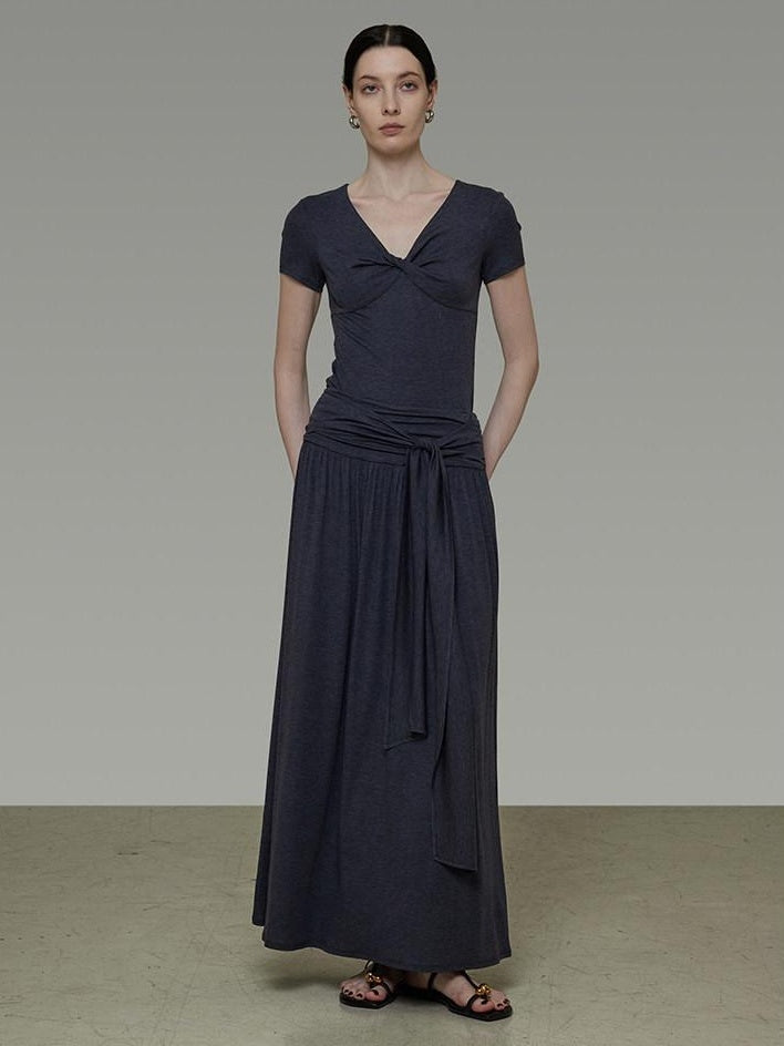 unspoken Lyocell Blend V-neck Slim Fit Minimal Workwear Women Solid Color Maxi Dresses